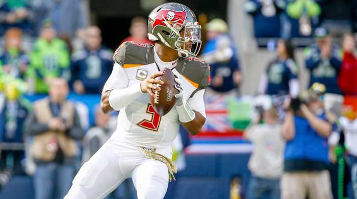 Nov 3, 2019; Seattle, WA, USA; Tampa Bay Buccaneers quarterback Jameis Winston (3) looks to pass against the Seattle Seahawks during the first quarter at CenturyLink Field. Mandatory Credit: Joe Nicholson-USA TODAY Sports